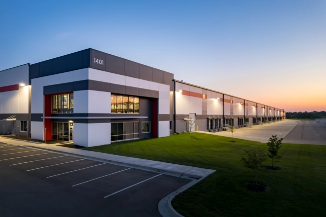 exterior of industrial building at sunset